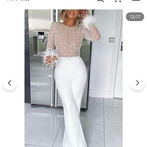 White High-Waist Flared Jumpsuit with Feather Cuff Bodice